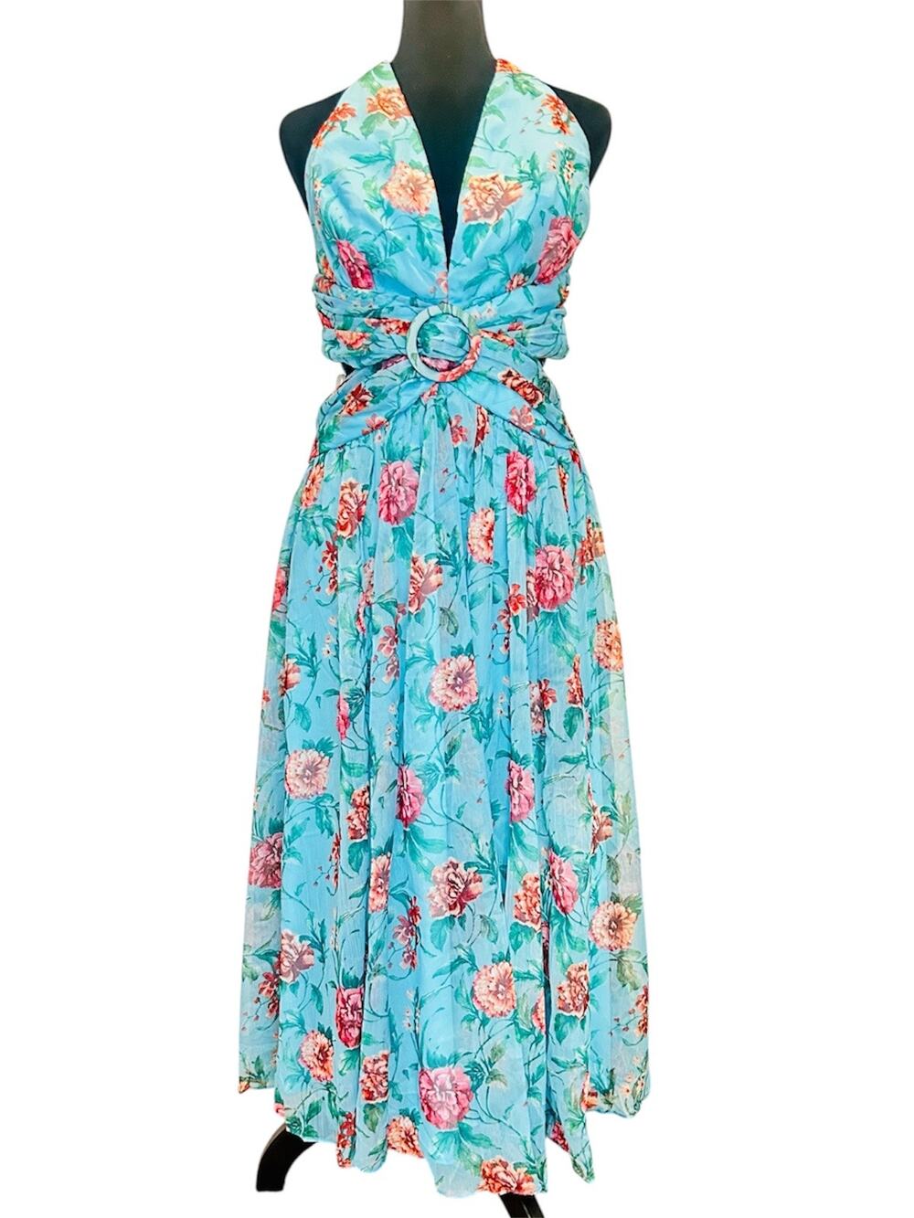 Lulus Exceedingly Radiant Blue Floral O-Ring Cutout Halter Midi Dress NWT M